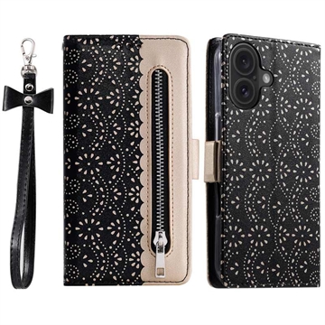 Custodia a portafoglio Lace Pattern per iPhone 16 Plus - nera