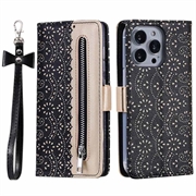 Custodia a portafoglio Lace Pattern per iPhone 16 Pro - nera