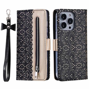 Custodia a portafoglio Lace Pattern per iPhone 16 Pro - nera