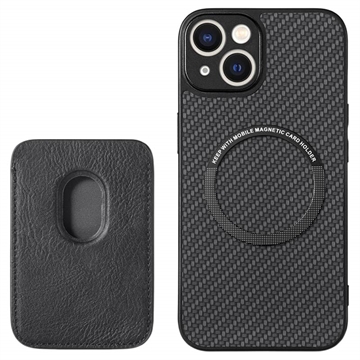 iPhone 15 Plus Magnetic Case with Card Holder - Carbon Fiber