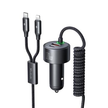 Mcdodo CC-037 Caricabatterie da auto a doppia porta da 120W con cavi USB-C e Lightning - nero