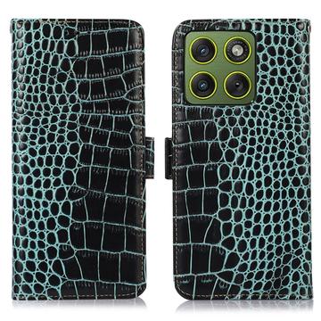 Custodia in Pelle a Portafoglio Serie Crocodile con RFID per Motorola Edge 70 - Verde