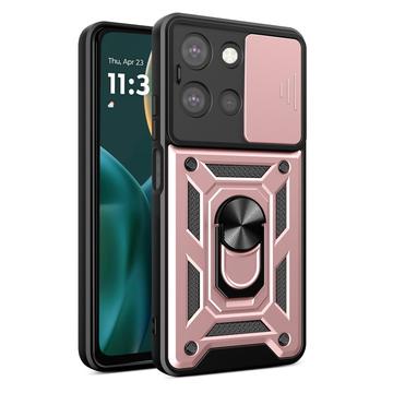 Custodia ibrida con anello rotante e protezione per fotocamera per Motorola Moto G (2025) - Rosa Oro