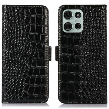 Custodia in Pelle a Portafoglio Serie Crocodile con RFID per Motorola Moto G75 - Nera