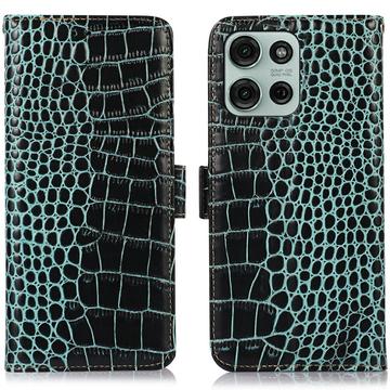 Custodia in Pelle a Portafoglio Serie Crocodile con RFID per Motorola Moto G75 - Verde