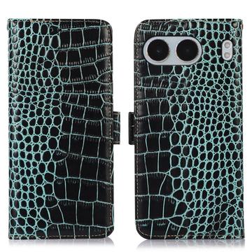 Custodia in Pelle a Portafoglio Serie Crocodile con RFID per OnePlus Nord 4 - Verde