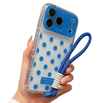 Custoida in PC / TPU per iPhone 17 Pro Max con pellicola per lenti e cinturino - Polka Dot - blu