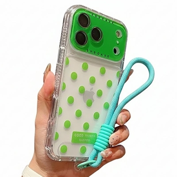 Custoida in PC / TPU per iPhone 17 Pro Max con pellicola per lenti e cinturino - Polka Dot - verde