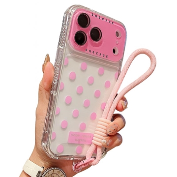 Custoida in PC / TPU per iPhone 17 Pro Max con pellicola per lenti e cinturino - Polka Dot - rosa