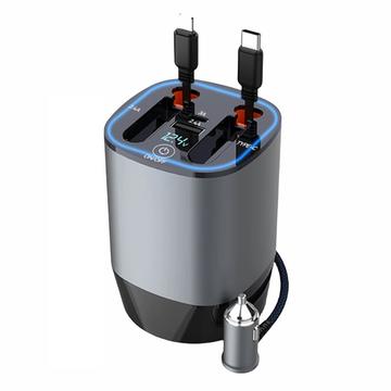 Caricabatterie da auto PT-17 PD 100W con cavi retrattili Lightning/USB-C, display di tensione e deodorante per ambienti - Grigio