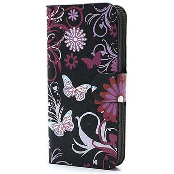 Custodia Portafoglio per iPhone 5 / 5S / SE - Motivo Farfalle / Fiori