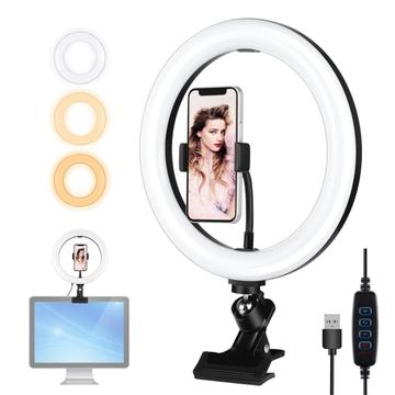 PULUZ PKT3126B Kit luce ad anello LED 10.2" 26cm Illuminazione per videoconferenza 3 colori dimmerabili 10 livelli di luminosità per fotocamera smartphone YouTube TikTok Autoritratto