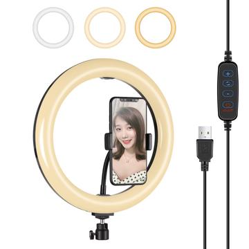 PULUZ PU397 10 pollici 3 modalità dimmerabili LED Anello fotografia video luce con clip per cellulare per Vlogging - Nero