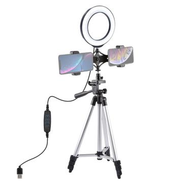 PULUZ Supporto per treppiede + staffa per telefono doppia per trasmissione in diretta + kit di luci video per vlogging con anello LED da 16cm e 6.2"