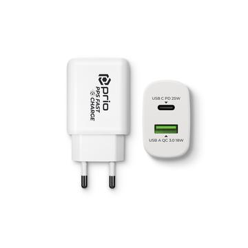 Prio PWC-1204 Caricatore rapido da parete - 25W PD USB-C, 18W QC3.0 USB-A - Bianco