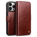 Custodia in pelle a portafoglio iPhone 15 Pro Qialino Classic - Marrone Scuro