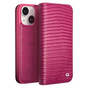 Custodia in Pelle a Portafoglio Qialino per iPhone 15 Plus - Coccodrillo - Rosa Neon