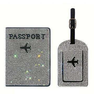 Set portapassaporto e etichetta per bagagli con strass - Bianco