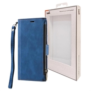 Custodia a portafoglio Saii Zipper per iPhone 14 Pro con cinturino - blu