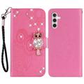 Samsung Galaxy A54 5G Custodia portafoglio con strass gufo - Rosa Neon