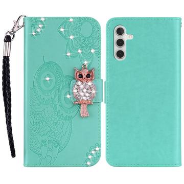 Samsung Galaxy A55 Custodia portafoglio con strass gufo - Ciano