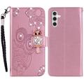 Samsung Galaxy A55 Custodia portafoglio con strass gufo - Oro rosa