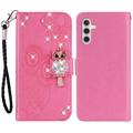 Samsung Galaxy A55 Custodia portafoglio con strass gufo - Rosa Neon