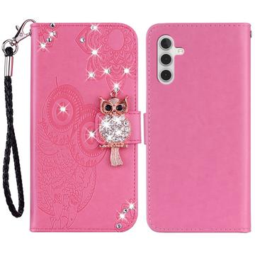 Samsung Galaxy A55 Custodia portafoglio con strass gufo - Rosa Neon