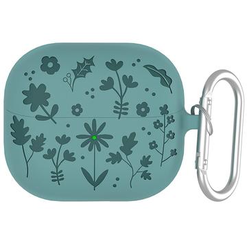 Samsung Galaxy Buds3/Buds3 Pro Custodia in silicone liquido con motivo a fiori e moschettone - Verde scuro