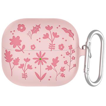Samsung Galaxy Buds3/Buds3 Pro Custodia in silicone liquido con motivo a fiori e moschettone - Rosa chiaro