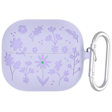 Samsung Galaxy Buds3/Buds3 Pro Custodia in silicone liquido con motivo a fiori e moschettone - Viola chiaro