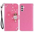 Samsung Galaxy S24 FE Custodia portafoglio con strass gufo - Rosa Neon