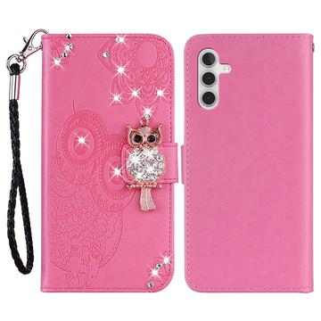 Samsung Galaxy S24 FE Custodia portafoglio con strass gufo - Rosa Neon