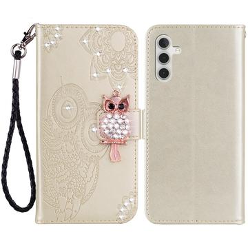 Samsung Galaxy S24 Custodia portafoglio con strass gufo - Oro