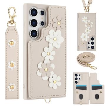 Custodia Samsung Galaxy S24 Ultra Flower Decor con cinturino - Beige