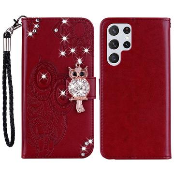 Custodia per portafoglio Samsung Galaxy S24 Ultra con strass di gufo - Rosso