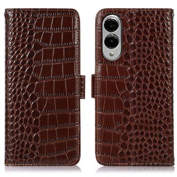 Custodia in Pelle a Portafoglio Serie Crocodile con RFID per Samsung Galaxy S25 Edge - Marrone