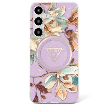 Custodia MagSafe Samsung Galaxy S25 Guess Glitter Flowers Triangle Buttons - Viola
