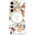 Custodia MagSafe Samsung Galaxy S25 Guess Glitter Flowers Triangle Buttons - Bianco