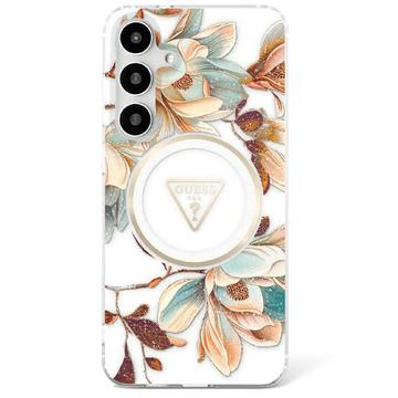 Custodia MagSafe Samsung Galaxy S25 Guess Glitter Flowers Triangle Buttons - Bianco