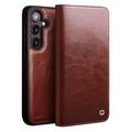 Custodia in pelle a portafoglio Samsung Galaxy S25 Qialino Classic - Marrone Scuro
