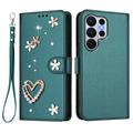 Custodia a portafoglio Samsung Galaxy S26 Ultra con cuori e fiori - Verde