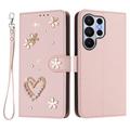 Custodia a portafoglio Samsung Galaxy S26 Ultra con cuori e fiori - Rosa