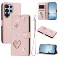Custodia a portafoglio Samsung Galaxy S26 Ultra con cuori e fiori - Rosa