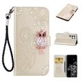 Samsung Galaxy S26 Ultra Custodia portafoglio con strass gufo - Oro