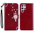 Custodia per portafoglio Samsung Galaxy S26 Ultra con strass di gufo - Rossa