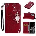 Custodia per portafoglio Samsung Galaxy S26 Ultra con strass di gufo - Rossa