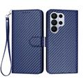 Samsung Galaxy S26 Ultra Custodia Premium a portafoglio con cinturino - Struttura in fibra di carbonio - Blu carbonio