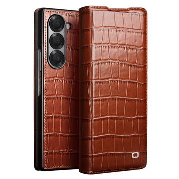 Custodia in pelle flip Samsung Galaxy Z Fold6 Qialino Classic - Coccodrillo - Marrone Scuro