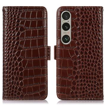 Custodia in Pelle a Portafoglio Serie Crocodile con RFID per Sony Xperia 1 VI - Marrone